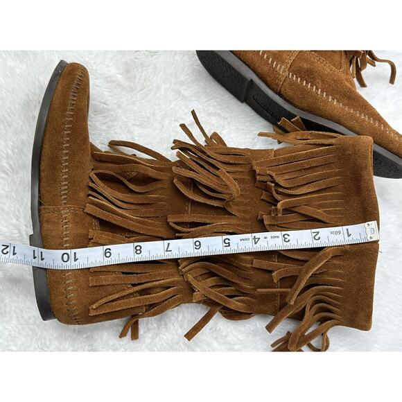 MINNETONKA 3-Layer Fringe Moccasin Mid-Calf High Boho Boot Women's Size 6 - Picture 12 of 15